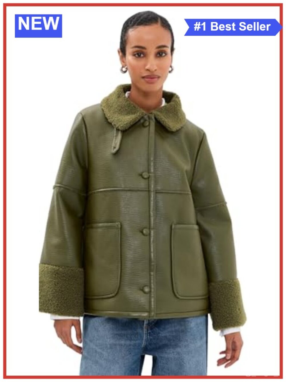 Faux Leather Jacket Loose Fit Sherpa Trim Button Placket Casual